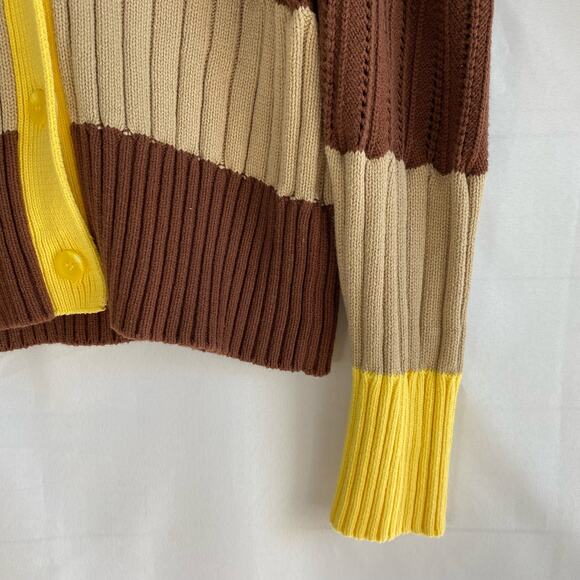 Calligraphie Y2K Rugby Striped Cardigan Sweater Women XL Brown Yellow Academia - Picture 5 of 8